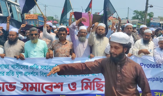 মাধবপুরে গাজায় ইসরায়েলি আগ্রাসনের প্রতিবাদে বিক্ষোভ মিছিল