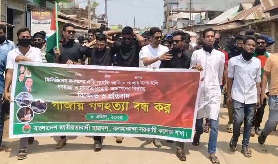 গাজায় গণহত্যা বন্ধের দাবিতে কলমাকান্দা ছাত্রদলের বিক্ষোভ মিছিল
