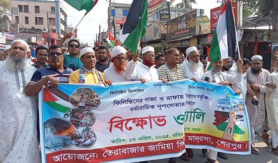 শেরপুরে ফিলিস্তিনিদের নির্মম গণহত্যার প্রতিবাদে বিক্ষোভ