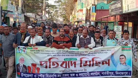 পার্বতীপুরে দুস্কৃতিকারিদের শাস্তির দাবিতে বিএনপির প্রতিবাদ মিছিল