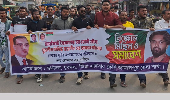 জামালপুরে জিয়া সাইবার ফোর্স এর বিক্ষোভ মিছিল ও সমাবেশ