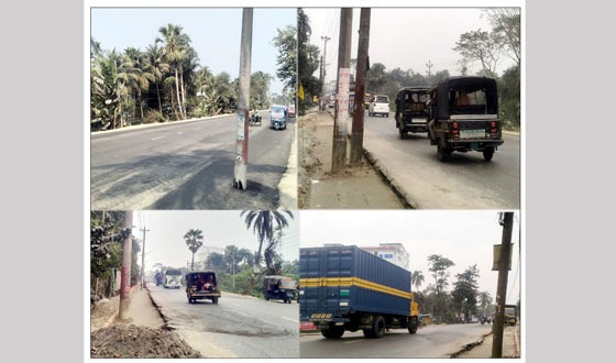 সড়কে অসংখ্য বিদ্যুতের খুঁটি রেখেই চলছে প্রশস্তকরণের কাজ