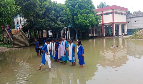 রায়গঞ্জের শ্যামনাই স্কুলের মাঠে জলাবদ্ধতা, পানিতে খেলছে হাঁস