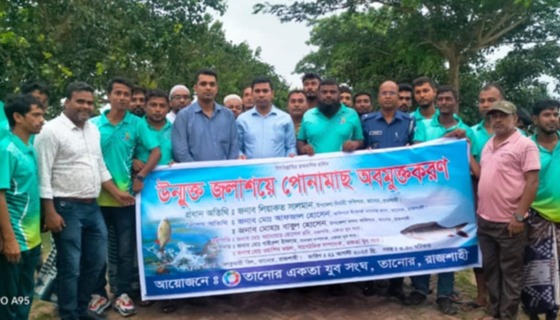 তানোর একতা যুব সংঘের অর্থায়নে বিলকুমারী বিলে মাছের পোনা অবমুক্ত করণ
