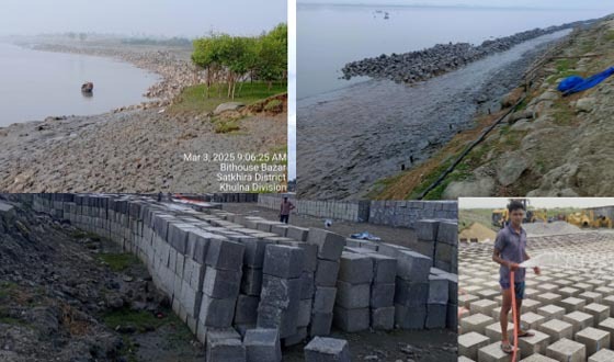 আশাশুনির ঘোলা টু গরালী খেয়াঘাট বেড়ী বাঁধে ব্লক ডাম্পিং এর কাজ চলছে